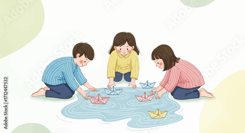 Children Playing With Paper Boats, A Blissful Display of Friendship and Creative Fun