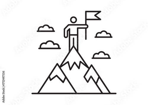 Man on top of mountain with flag thin line art Vector