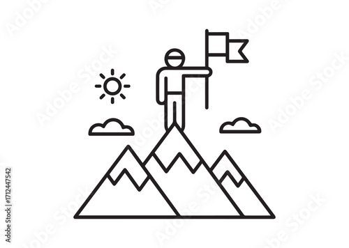 Man on top of mountain with flag thin line art Vector