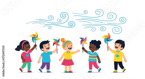 Children Playing With Pinwheels On A Sunny Day With Wind Symbolism