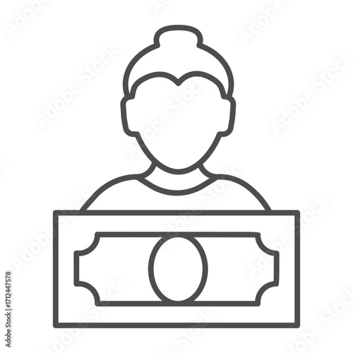 Woman and banknote thin line icon, salary payment concept, person with paper dollar money vector sign on white background, outline style icon for mobile concept and web design. Vector graphics.