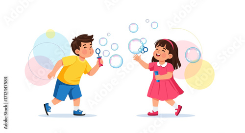 Children Playing With Soap Bubbles, Joyful Moment in Playful Illustrations of Childhood Fun