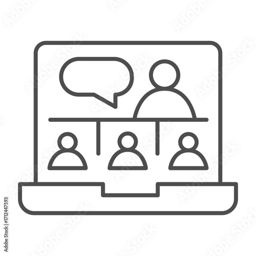 Laptop and online conference app thin line icon, virtual communication concept, video call vector sign on white background, outline style icon for mobile concept and web design. Vector graphics.