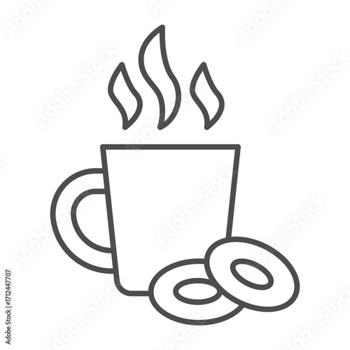 Ceramic cup of tea and bagel thin line icon, coffee break concept, hot mug and gingerbread vector sign on white background, outline style icon for mobile concept and web design. Vector graphics.