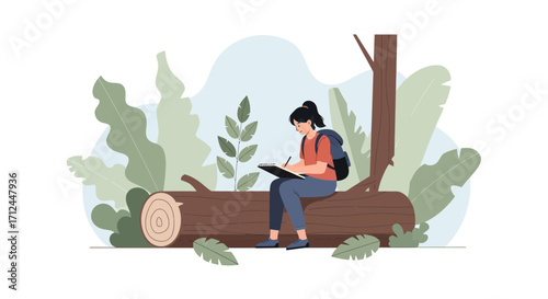 Creative Woman Enjoying Nature: Outdoor Scene Of Girl Sketching On A Log