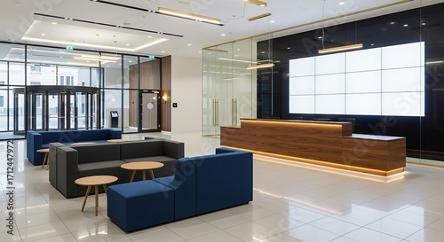 Modern lobby welcomes visitors with sleek furniture and bright lighting, creating a professional and inviting atmosphere for guests and employees alike.