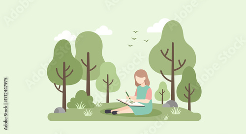Creative Woman Sketches Outside Amongst Verdant Trees and Verdant Flora Landscape Artwork