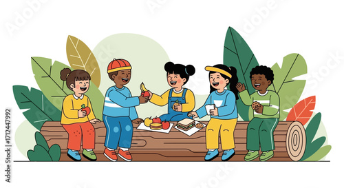 Children Sharing Healthy Foods And Having Fun Time Together At The Park