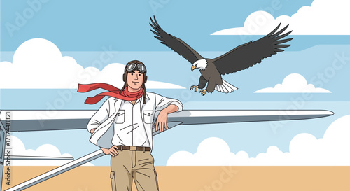 Aviator Standing Beside Glider With Eagle Watching, Freedom And Adventure Concepts Displayed