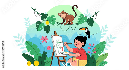 Child's Artistic Jungle Expedition: A Vividly Illustrated Creative Endeavor