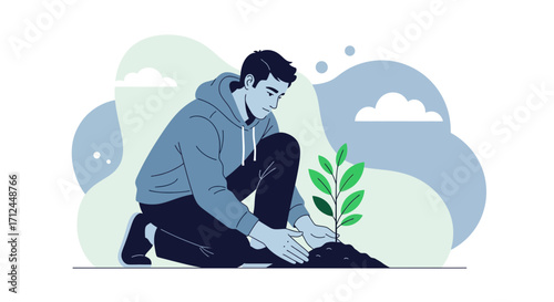 Cultivating Green: A Young Person Planting Tree And Doing Environmental Conservation Work