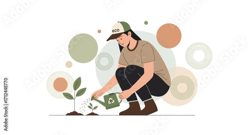 Cultivating Green Growth: A Woman Nurturing Plants With Her Watering Can and Eco-Friendly Approach
