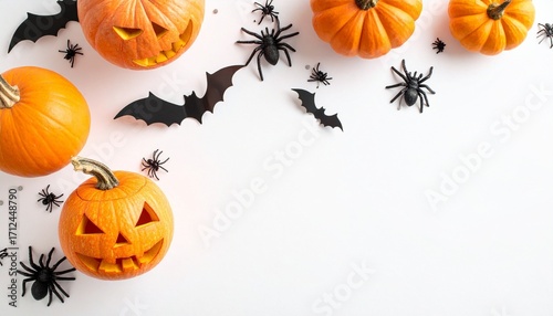 Halloween Pumpkin and Decoration:  An overhead view captures an autumnal scene with carved pumpkins and whimsical bat and spider decorations arranged to bring out spooky celebration.