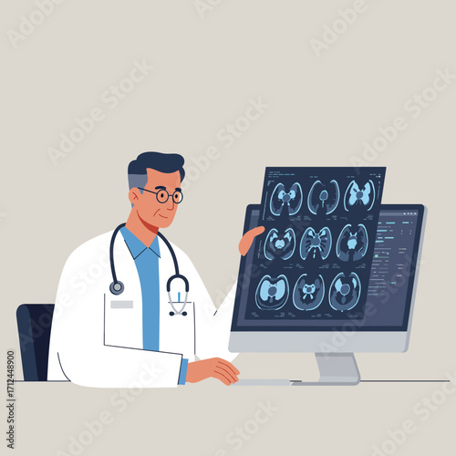Medical Vector Illustration of Doctor Analyzing Brain Scan Images in Modern Style with Blue and Gray Color Palette