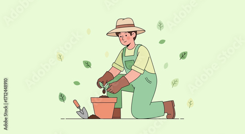 Cultivating Nature: A Gardener Installs Seedling in Pot, Planting A New Beginning
