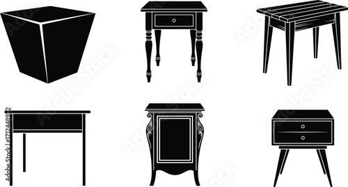 Wooden side table silhouettes, vintage nightstand collection, decorative furniture set, retro bedside tables, classic interior design, black vector furniture icons