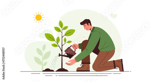 Cultivating New Growth: A Person Watering a Young Sapling Under a Sunny Sky