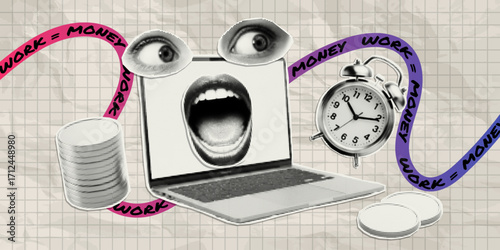 Trendy paper cutout collage elements. Halftone style stickers with doodles. Modern collage template. Time to work, time is money.