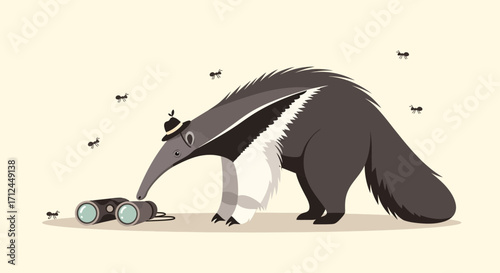 Curious Anteater Inspecting Ant Colony With Binoculars In Stylish Minimalist Illustration