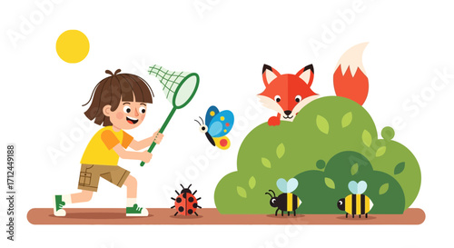 Child's Expedition Chasing a Butterfly, With Bees and a Foxy Friend, Sunny Day Scene