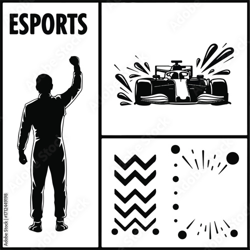 Esports illustration featuring a victorious racer, a dynamic racing car, and abstract graphic elements.