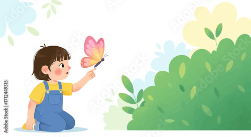 Child's Gentle Encounter With A Vividly Colored Butterfly In A Garden Setting