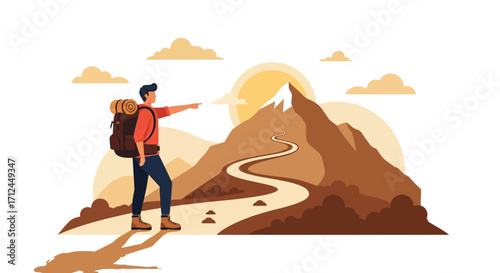 Backpacker Reaching A Mountain Peak Illustration Achieving Goal, Adventure, And Success, Concept