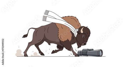 Curious Bison With Scarf Investigating Binoculars On A Clean White Background