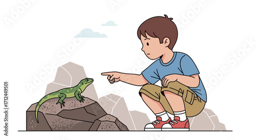 Curious Boy Explores Nature, Observing a Lizard with a Focused Gaze and Gesture