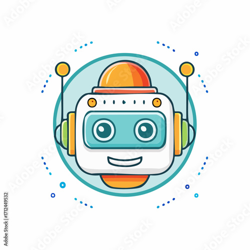 Vector illustration of a friendly robot character face, a modern cartoon avatar for AI, chatbot services, and futuristic technology concepts