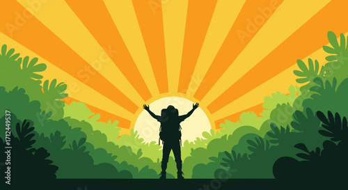 Backpacker Silhouette Celebrating Sunrise Amidst Forest Canopy, Inspiring Freedom Scene