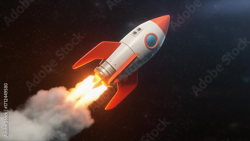 Retro‑style rocket launching into the sky with vibrant fiery exhaust and billowing smoke trail, capturing a dynamic sense of motion, power, and vintage space exploration.