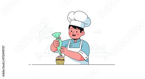 Baker Expertly Decorating Cupcake With Icing In A Whimsical Kitchen Setting