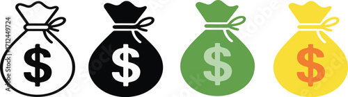 Bag with money. Set of dollar bag illustrations. Minimalist Money Bag Icon Vector. Bag with dollar sign. dollar money bag Icon isolated on white. Money Bag Clipart, Money bag icon.