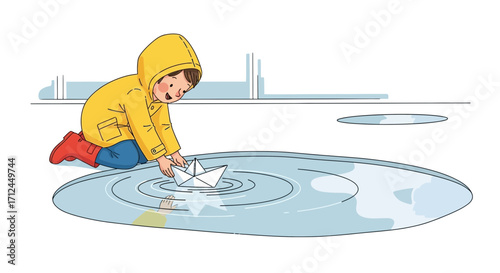 Child's Joyful Moment: Launching Paper Boat Amidst Puddle Ripples in Rainy Scene