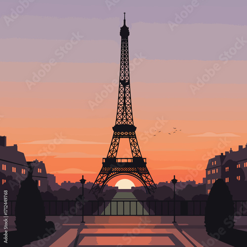 Minimalist Vector Illustration of Eiffel Tower in Sunset Colors in Modern Style for Travel and Landmark Design