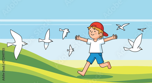 Child's Joyful Run: Embracing Freedom and Flying with Birds in a Scenic Field