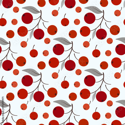 Seasonal diagonal seamless pattern of red berries. Winter floral ornament. Holiday decor of gray leaves and red berries on light gray background. Cold season design for your project.