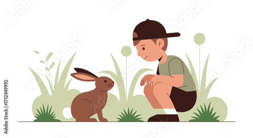 Curious Boy Observing A Rabbit Close Up Surrounded By Nature In A Pleasant Scene