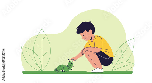 Curious Boy Observing Caterpillar in Natural Environment: A Tender Moment of Connection