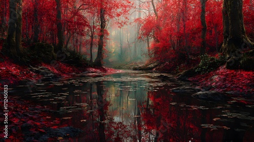 Vivid Woodland Pond in Autumn: An Enchanting Scene of Crimson Leaves under Soft Ambient Lighting Reflecting Natural Serenity