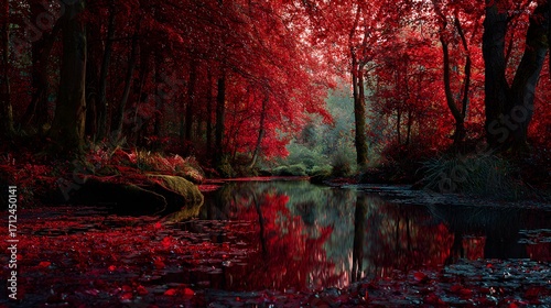 Vivid Woodland Pond in Autumn: An Enchanting Scene of Crimson Leaves under Soft Ambient Lighting Reflecting Natural Serenity
