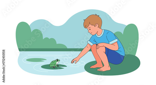 Curious Boy Observing Frog In Pond With Peaceful, Playful And Childlike Manner