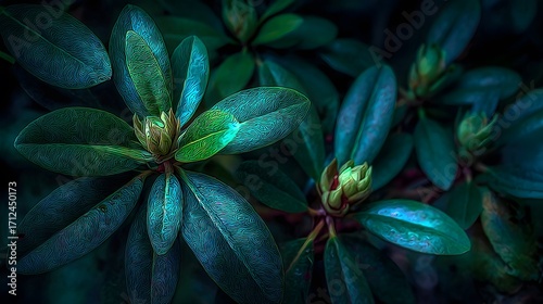 Artistic Portrayal of Nearly Blooming Rhododendron Flora with Prominent Dark Vivid Green Leaves in a Mysterious Natural Setting
