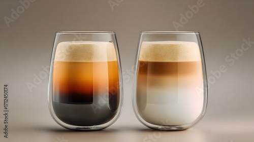 High-Resolution Dual Coffee Presentation Featuring Caramel Dark Brew and Milk-Infused Light Coffee in a Stark Studio Setting