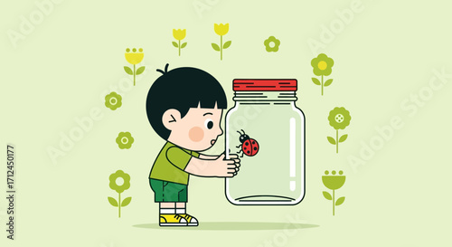 Curious Boy Observing Ladybug Held In A Glass Jar Surrounded By Floral Imagery