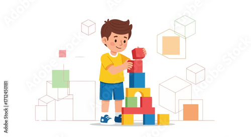 Child Building Tower With Colorful Construction Blocks Shows Creative Development