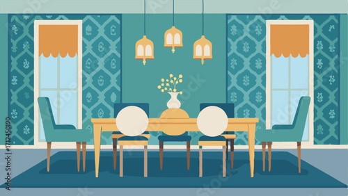 A dining room with traditional wallpaper and a modern minimalist dining table and chairs.