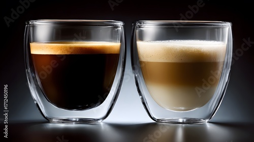Detailed Coffee Glass Composition Featuring Dark Roasted and Light Milk-Infused Brews on a Sleek Studio Background Emphasizing Texture and Contrast
