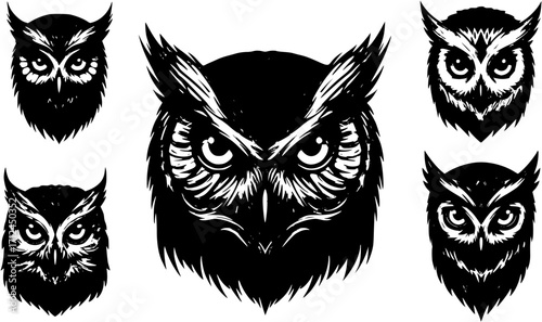 Detailed wise owl silhouette vector logo with striking eyes and sharp features symbolizing knowledge and observation
